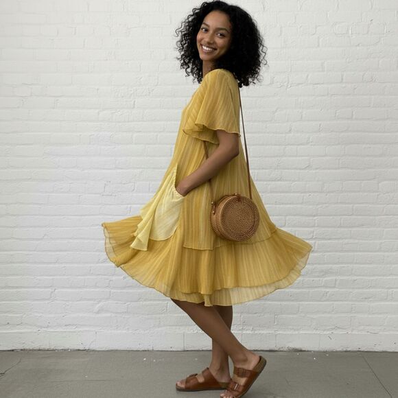 Max Studio Special Edition Dress S 100% Silk Tiered Ruffle Yellow Gold Sheer - Picture 1 of 16
